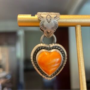 New Heart Shaped Orange Spiny Oyster Pendant, Stamped Sterling